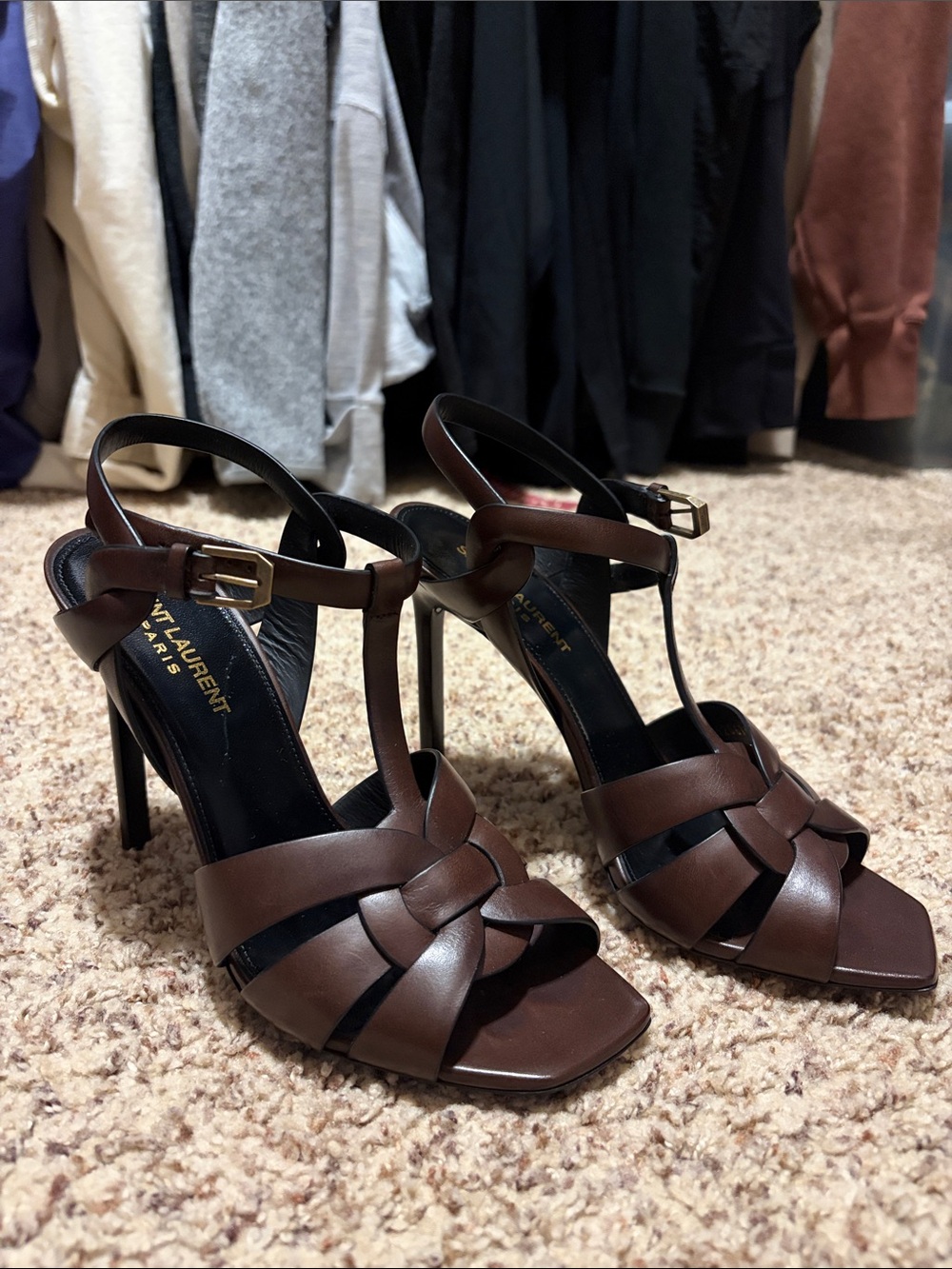 Saint Laurent Brown T-Strap Knotted Leather High Heels